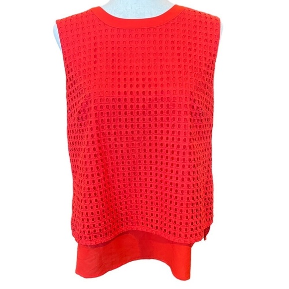 J Crew Eyelet Sleeveless Mesh Top Size 12 Large Preppy Office Orange Red Bright - Picture 1 of 9